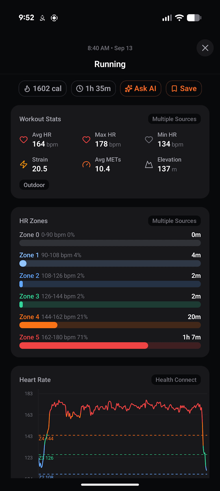 Running workout detail with heart rate zones and workout stats